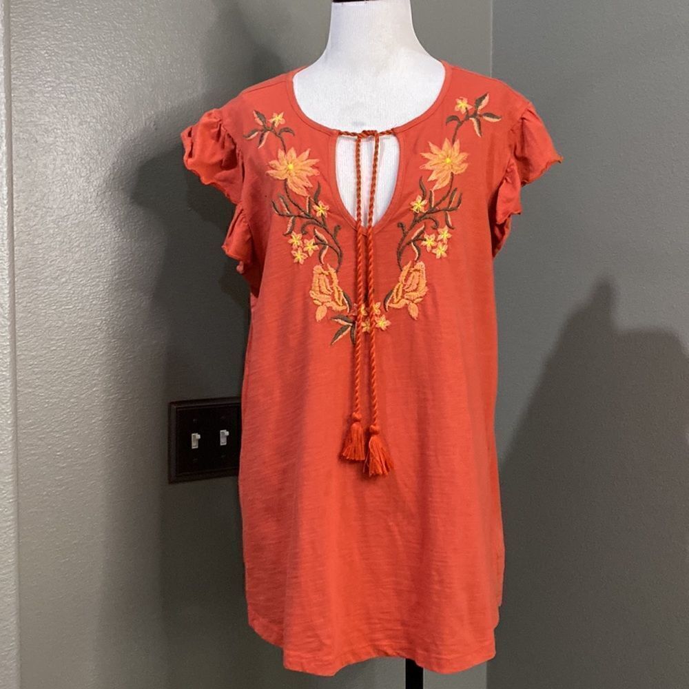 Keep In Touch Ruffle Sleeve VNeck Embroidered Blouse